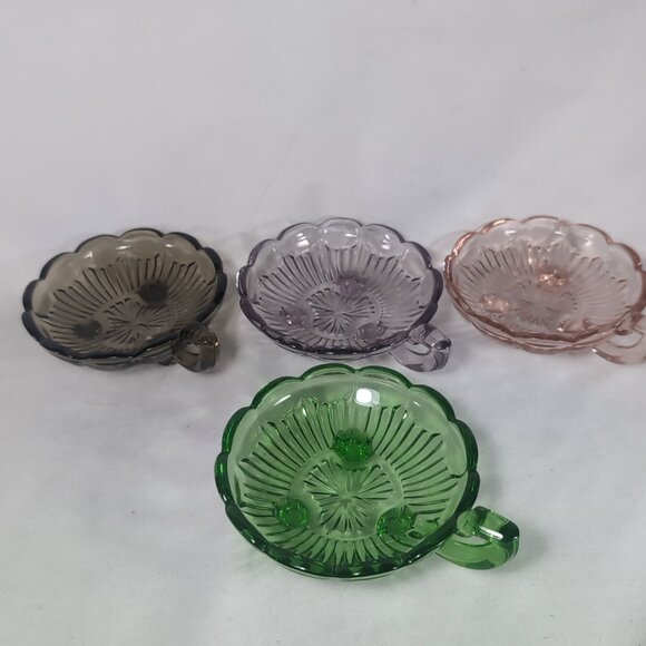 4 Set Depression Bowl Uranium Glass Pedestal Multicolor Black Green Pink Handle - Picture 4 of 15
